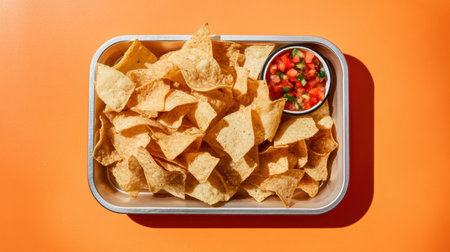 A vibrant arrangement of crispy tortilla chips served with fresh pico de gallo, perfect for sharing as a flavorful appetizer or snack.の素材