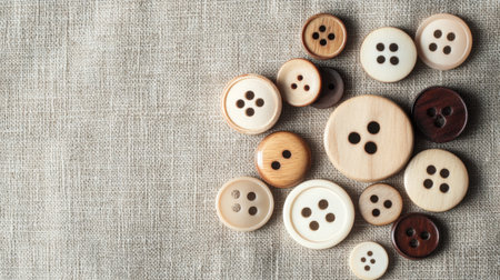 A beautiful arrangement of assorted wooden buttons on a neutral fabric background, ideal for various craft and sewing projects, showcasing unique textures and colors.の素材