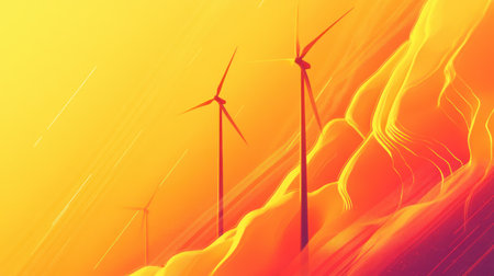 This abstract image features wind turbines silhouetted against a vibrant sunset. The colors blend seamlessly, creating an energetic and dynamic atmosphere.の素材