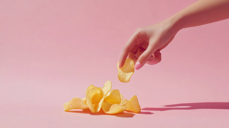 A woman's hand gracefully reaches for a handful of crispy potato chips against a vibrant pink background. This stylish food photography emphasizes texture and color.の素材