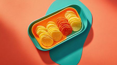 This vibrant image features a colorful snack platter filled with crisp potato chips arranged neatly. The bright orange and teal background enhances the playful atmosphere.の素材