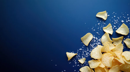 Close-up of crispy potato chips scattered with sea salt on a dark blue background. Perfect for showcasing snack options, culinary creativity, or food photography.の素材