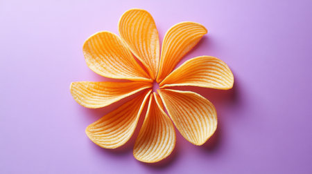 An artistic display of vibrant orange snack chips arranged in the shape of a flower on a soft purple background, showcasing creativity and color.の素材