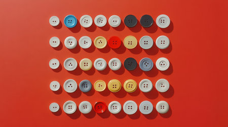 A vibrant arrangement of colorful buttons displayed on a bright red background, perfect for craft enthusiasts, designers, and hobbyists seeking inspiration.の素材
