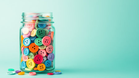 A clear glass jar filled with a vibrant assortment of sewing buttons in various colors. The soft mint background enhances the playful aesthetic, perfect for crafting.の素材