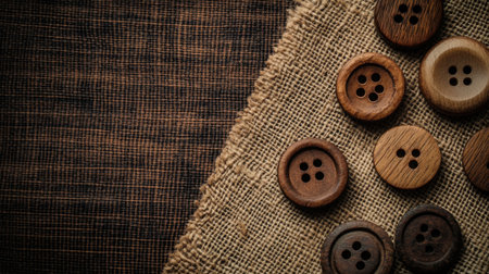 A collection of vintage wooden buttons arranged on rustic fabric, showcasing natural textures and colors ideal for crafting and sewing projects.の素材