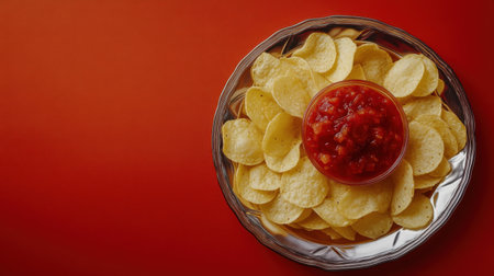 A visually appealing arrangement of crispy potato chips paired with fresh, vibrant red salsa on a silver plate, perfect for snacking or sharing at gatherings.の素材
