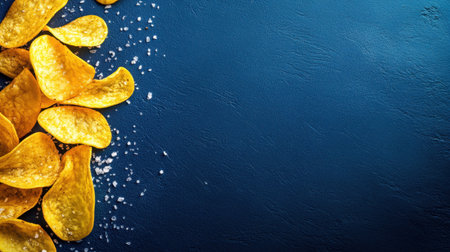 A close-up view of golden crispy potato chips sprinkled with sea salt on a textured blue background, ideal for food photography and culinary presentations.の素材