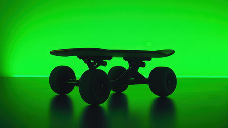 This striking image showcases the silhouette of a skateboard positioned on a surface against a vibrant green background. It captures the essence of urban lifestyle and recreation.の素材