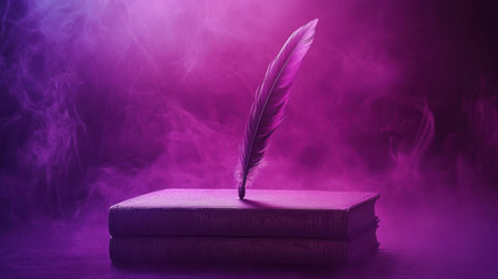 Captivating image of a quill pen on top of antique books surrounded by a swirling purple smoke. Ideal for projects related to writing, creativity, and literature.の素材