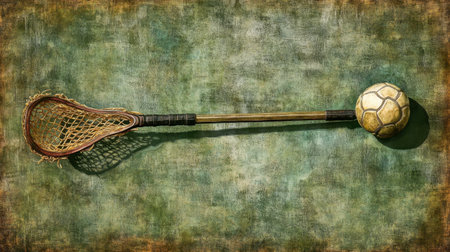 An artistic representation of a lacrosse stick and ball set against a textured background highlights the essence of sports and athleticism.の素材