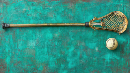 A vintage lacrosse stick paired with a baseball on a vibrant turquoise textured background, showcasing a perfect blend of sports culture and artistry.の素材