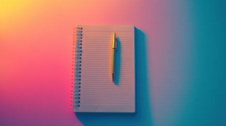 A vibrant and colorful flat lay image of a spiral notebook next to a gold pen on a wooden surface, perfect for showcasing creativity and planning.の素材