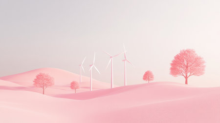 A dreamy pink landscape featuring gentle hills, wind turbines, and stylized trees embodies tranquility and clean energy. Ideal for inspiring environmental themes.の素材