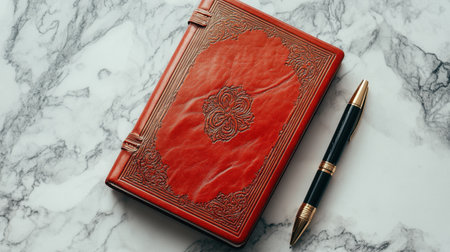 This elegant leather bound journal features an intricate design resting on a stylish marble surface alongside a luxurious pen, perfect for creative endeavors.の素材
