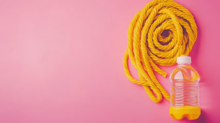 A vibrant composition featuring a yellow rope and a transparent water bottle on a bright pink surface, ideal for representing health, fitness, and creativity.の素材