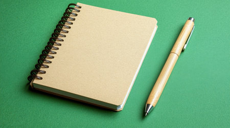 A minimalist notebook with a bamboo pen rests on a vibrant green background, perfect for creative writing, note-taking, or sketching ideas.の素材
