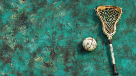 A vintage lacrosse stick and ball placed on a textured green background, highlighting the essence of sport and active lifestyle. Perfect for athletic themes.の素材