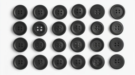 A collection of black sewing buttons displayed in a grid pattern against a clean white background, perfect for craft and design projects.の素材