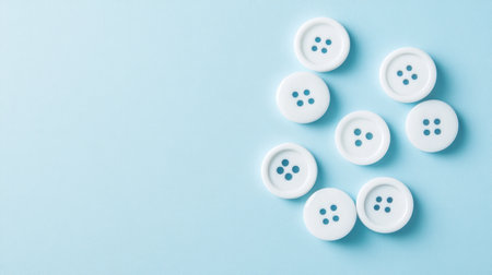 A collection of white buttons arranged on a light blue background, perfect for textile and fashion design projects, crafts, and creative inspirations.の素材