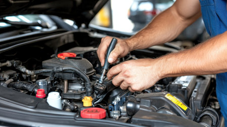 A skilled mechanic uses a wrench to perform detailed repairs on a car's engine in a well-equipped automotive workshop, showcasing precision and expertise.の素材