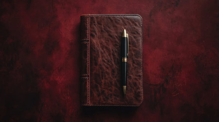 A sophisticated leather notebook paired with a sleek pen lies on a rich red textured background, perfect for inspiration in writing or planning.の素材
