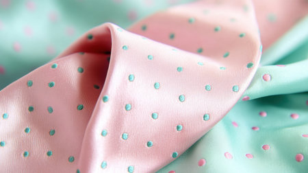 This image features a close-up of a soft fabric showcasing pink and aqua dots on a smooth background, ideal for various creative projects.の素材