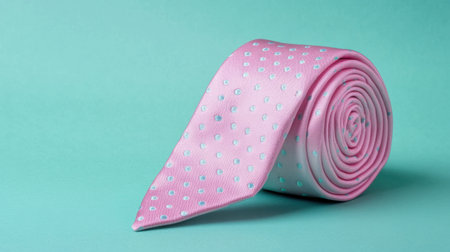 A stylish pink tie featuring a subtle dotted pattern, meticulously rolled for a polished appearance, set against a vibrant aqua background. Perfect for fashion-related themes or formal occasions.の素材