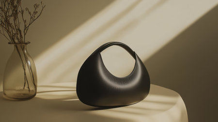A striking black handbag resting elegantly on a table, illuminated by gentle natural light, creates a perfect blend of minimalist design and artistic charm.の素材