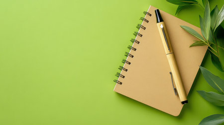 A brown notebook and pen elegantly arranged with green leaves on a vibrant green background, perfect for creative writing or blogging inspirations.の素材