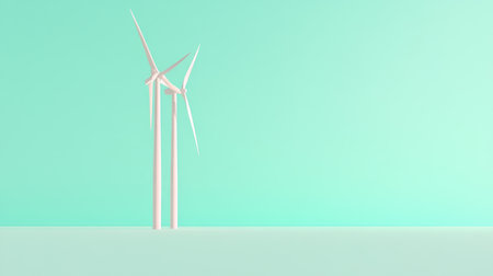This image features two modern wind turbines against a soft pastel green background, symbolizing the transition to clean energy and sustainable practices.の素材