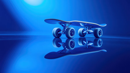A visually striking skateboard positioned on a reflective surface, illuminated by vibrant blue light. The sleek design emphasizes modern artistry and dynamic energy, perfect for lifestyle and design projects.の素材