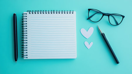 A minimalist flat lay composition featuring a blank notebook, a pen, glasses, and heart shapes on a vibrant turquoise background, perfect for creative projects.の素材