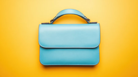 This image features a stylish turquoise leather handbag set against a vibrant yellow background, perfect for fashion enthusiasts seeking a trendy accessory.の素材