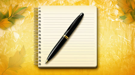 An elegant black pen lies on a blank spiral notebook, set against a vibrant autumn-themed background featuring warm colors and leaves, ideal for creative projects.の素材