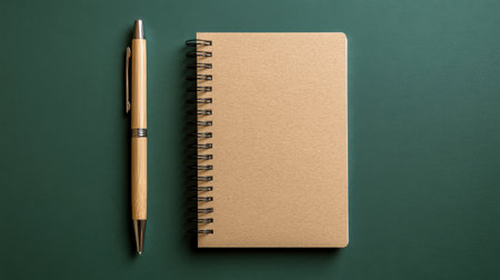 A simple yet elegant workspace features a sleek notebook and pen on a rich green background, perfect for creativity, planning, and personal organization.の素材
