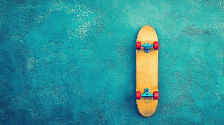 A skateboard with a vibrant yellow deck and red wheels leans against a textured blue wall, capturing an energetic and youthful vibe perfect for urban themes.の素材