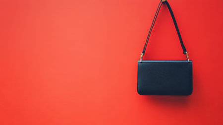 A sleek black handbag elegantly suspended against a vivid red backdrop, perfect for showcasing fashion accessories and modern style trends.の素材