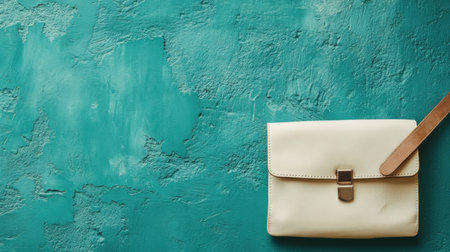 A stylish leather purse rests on a vibrant turquoise background, providing an eye-catching contrast and perfect visual for fashion-related projects.の素材