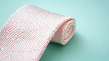 This image features a rolled pink fabric ribbon adorned with white dots, set against a soft mint background, perfect for various craft and design projects.の素材