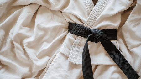A close-up view of a traditional martial arts uniform and black belt arranged on a soft fabric background, symbolizing discipline and commitment to the art.の素材