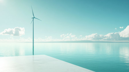 This image depicts a tranquil landscape featuring a wind turbine beside calm water under a clear sky with soft clouds, epitomizing sustainable energy.の素材