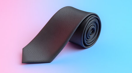 This image features an elegantly rolled black tie on a soft gradient background, perfect for showcasing fashion accessories in corporate themes.の素材