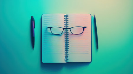 An overhead view showcasing a notebook with glasses placed on open pages, accompanied by colorful pens, creating an engaging workspace aesthetic.の素材