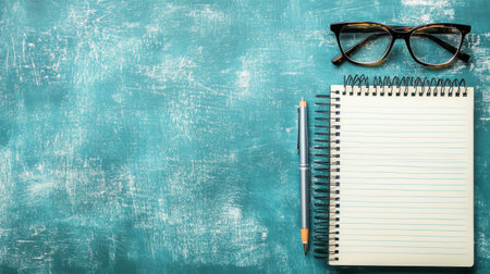A beautifully arranged workspace featuring a pair of glasses, a blank notepad, and a sleek pen on a unique blue textured background, perfect for inspiration.の素材