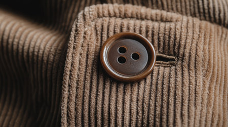 A detailed close-up of brown corduroy fabric featuring a vintage button, perfect for textile design projects and fashion illustrations.の素材