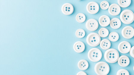 A collection of white buttons elegantly scattered on a soothing light blue background, ideal for projects related to sewing, crafting, and creative inspiration.の素材