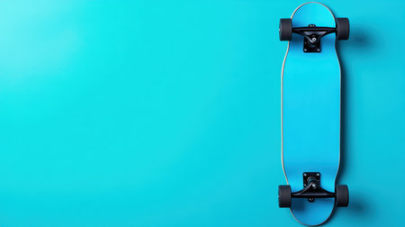 This image showcases a bright blue skateboard placed on a vibrant blue background, evoking a sense of fun and active lifestyle. Perfect for sports themes.の素材