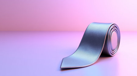 An elegant blue silk tie rests in a stylish manner on a smooth surface. The soft purple and pink gradient background enhances its luxurious appearance, ideal for fashion themes.の素材