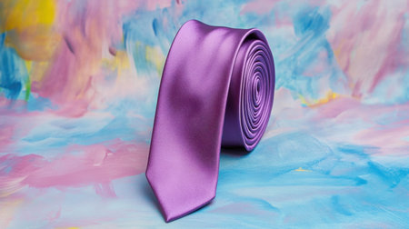 A striking purple satin tie elegantly displayed on an artistic and colorful background. Perfect for capturing attention in fashion or formal settings.の素材